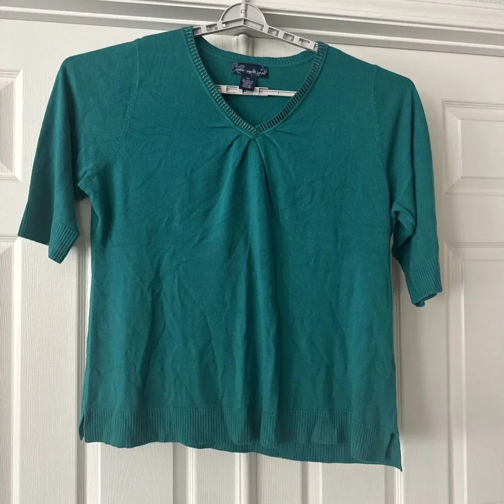 Susan Graver Womens Sweater Plus‎ 2X Blue Green Beaded Pleats Grandma Core Warm